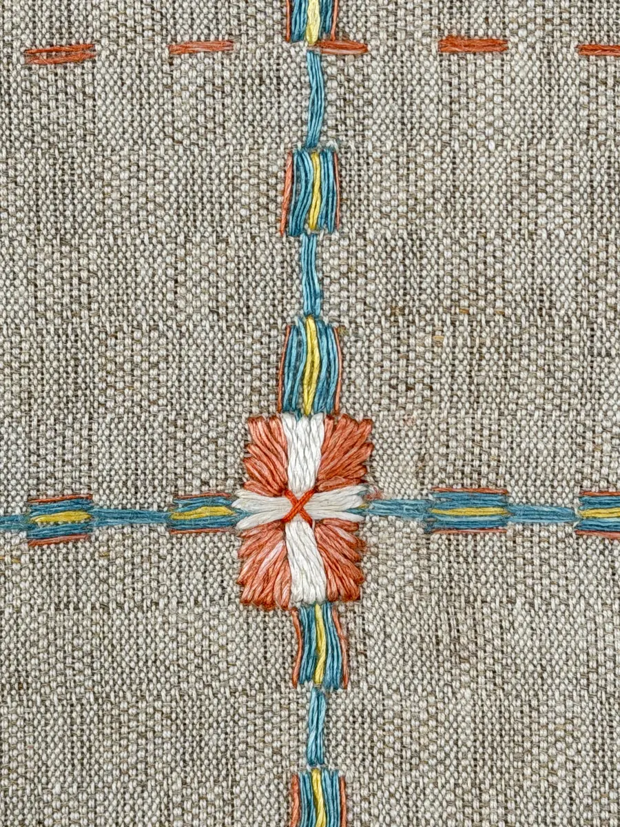 Duk gjord av halvlinne i sålldräll och broderi utfört med lingarn i förstygn, plattsöm och stjälksöm. Duken har 1cm bred dubbelvikt fåll runt om samt sneda hörn, vilka är sydda med kaststygn.