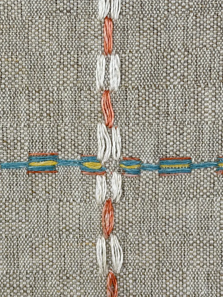 Duk gjord av halvlinne i sålldräll och broderi utfört med lingarn i förstygn, plattsöm och stjälksöm. Duken har 1cm bred dubbelvikt fåll runt om samt sneda hörn, vilka är sydda med kaststygn.