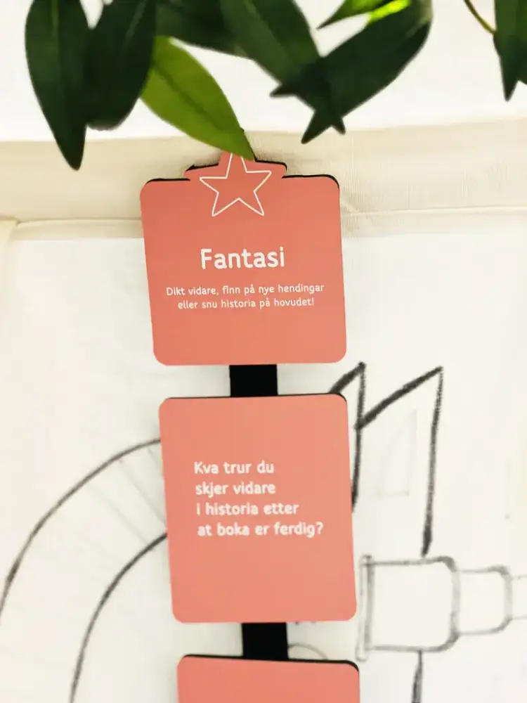 Små lakserosa skilt med tekst hengande på innsida av eit kvitt telt