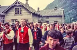 Bunadskledde folk i tog ved Almerket i Odda.