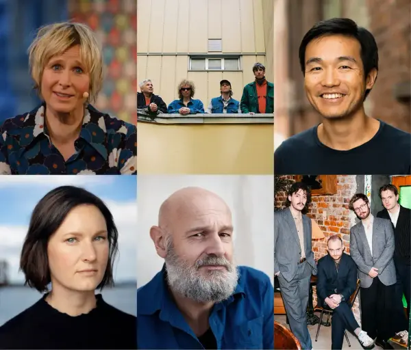 Bilete av nokre av utøverane som kjem til Festspela 2026: Linda Eide, Valkyrien Allstars, Brynjulf Jung Tjønn, Agnes Ravatn, Erlend Loe og Oddny.