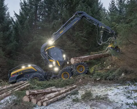 Maskinell skogavvirkning på åsryggen mellom Skjelstad og Hustoft, ikke langt fra Leines i Steigen kommune i Nordland vinteren 2026. Hogstmaskinen som ble brukt var fra den finske produsenten Ponsse. Den besto av en rammestyrt traktor med fire akslinger – to under motordelen og to under førerhuset og den leddete armen som endte i et såkalt aggregat, som besto av ei kraftig gripeklo og et skjæreapparat med kjede, som på ei motorsag. Hjulene på de to fremre akslingene var forbundet med belter som skulle fordele marktrykket over større flater. Ved felling plasseres gripekloa slik at den omslutter den nedre delen av stammen. Så kappes treet like over bakken før det veltes kontrollert over ende. Deretter roteres et par kjettingbelagte gummihjul, slik at stammen trekkes gjennom gripekloa, som har kraftige stålarmer med kniver som skjærer vekk greinene. Samtidig registreres lengde- og kvalitetsinformasjon, som danner grunnlag for kappeforslag på en monitor i førerhuset. Ferdigkappet tømmer plasseres på begge sider av den traséen maskinen har kjørt under hogsten. Derfra ble det seinere plukket opp på en lassbærer – en lastetraktor med kran og gripeklo – som fraktet det i terrenget fram til en velteplass ved bilveg. I den regionen der dette fotografiet er tatt var det to maskinentreprenørselskaper som påtok seg slike oppdrag - Salten Skogservice AS og Allskog entreprenør, som har en avdeling i Salten og en i Vesterålen. Her var det det sistnevnte miljøet som sto for drifta. Maskinførerne oppgav til fotografen som tok dette bildet at det skulle avvirkes mellom 5 000 og 6 000 kubikkmeter tømmer. Denne hogsten foregikk i et bestand av sitkagran som sannsynligvis var plantet i den mest aktive skogreisingsperioden i 1950- eller 1960-åra. Dette er ytterligere kommentert under fanen «Opplysninger».