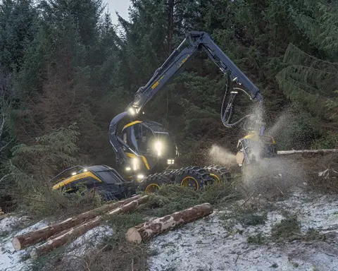 Maskinell skogavvirkning på åsryggen mellom Skjelstad og Hustoft, ikke langt fra Leines i Steigen kommune i Nordland vinteren 2026. Hogstmaskinen som ble brukt var fra den finske produsenten Ponsse. Den besto av en rammestyrt traktor med fire akslinger – to under motordelen og to under førerhuset og den leddete armen som endte i et såkalt aggregat, som besto av ei kraftig gripeklo og et skjæreapparat med kjede, som på ei motorsag. Hjulene på de to fremre akslingene var forbundet med belter som skulle fordele marktrykket over større flater. Ved felling plasseres gripekloa slik at den omslutter den nedre delen av stammen. Deretter kappes stammen i lav høyde før treet veltes kontrollert i bakken. Så roteres et par kjettingbelagte gummihjul, slik at stammen trekkes gjennom gripekloa, som har kraftige stålarmer med kniver som skjærer vekk greinene. Samtidig registreres lengde- og kvalitetsinformasjon, som danner grunnlag for kappeforslag på en monitor i førerhuset. Ferdigkappet tømmer plasseres på begge sider av den traséen maskinen har kjørt under hogsten. Derfra ble det seinere plukket opp på en lassbærer – en lastetraktor med kran og gripeklo – som fraktet det i terrenget fram til en velteplass ved bilveg. I den regionen der dette fotografiet er tatt var det to maskinentreprenørselskaper som påtok seg slike oppdrag - Salten Skogservice AS og Allskog entreprenør, som har en avdeling i Salten og en i Vesterålen. Her var det det sistnevnte miljøet som sto for drifta. Maskinførerne oppgav til fotografen som tok dette bildet at det skulle avvirkes mellom 5 000 og 6 000 kubikkmeter tømmer. Denne hogsten foregikk i et bestand av sitkagran som sannsynligvis var plantet i den mest aktive skogreisingsperioden i 1950- eller 1960-åra. Dette er ytterligere kommentert under fanen «Opplysninger».