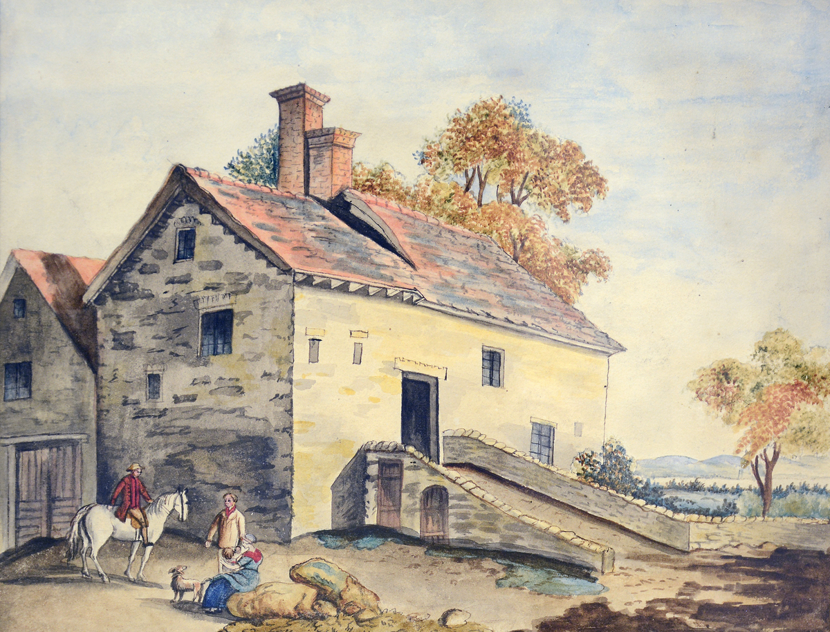 Landskap med murhus, dyr og mennesker