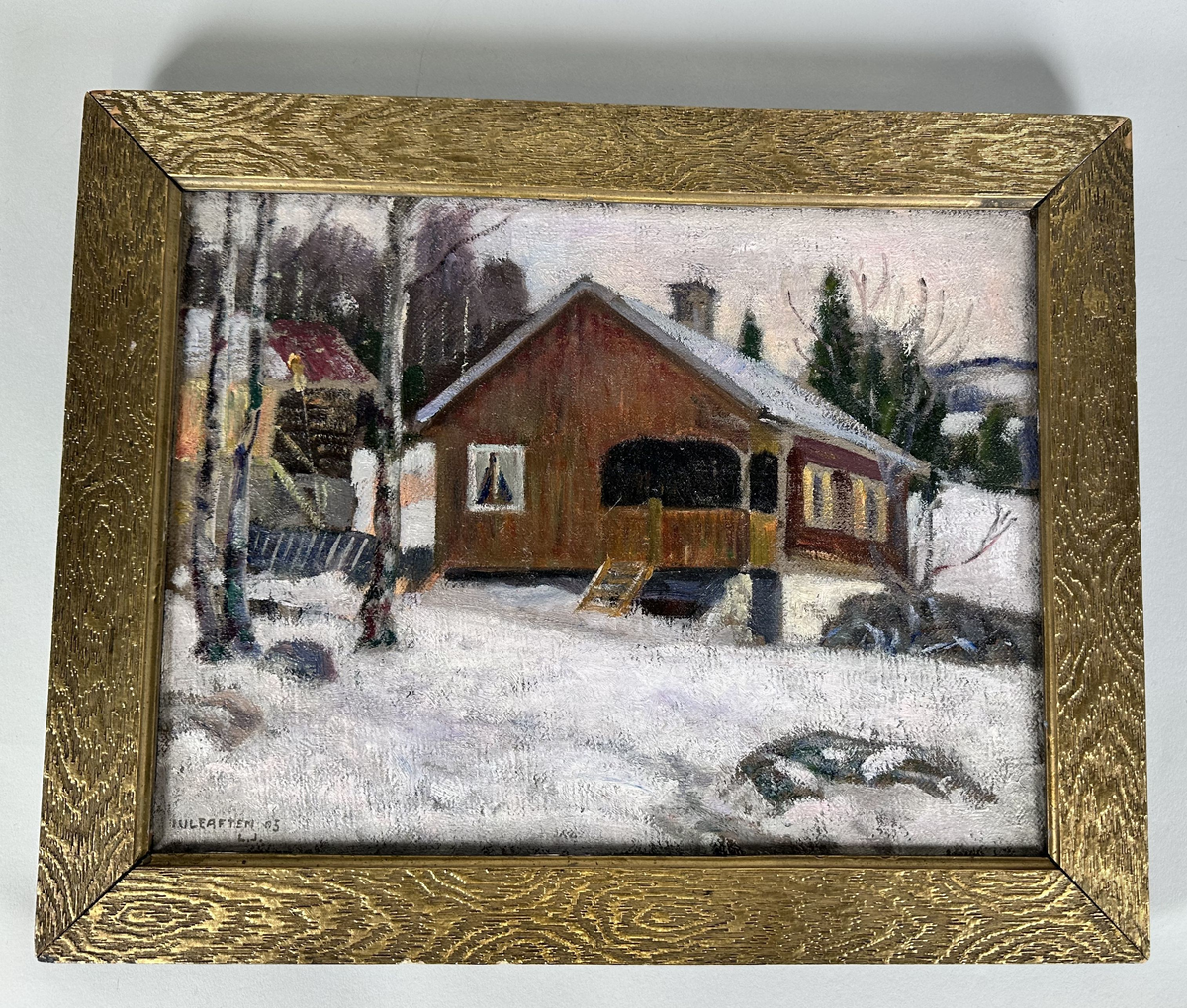 Rektangulært liggende maleri med gullfarget treramme