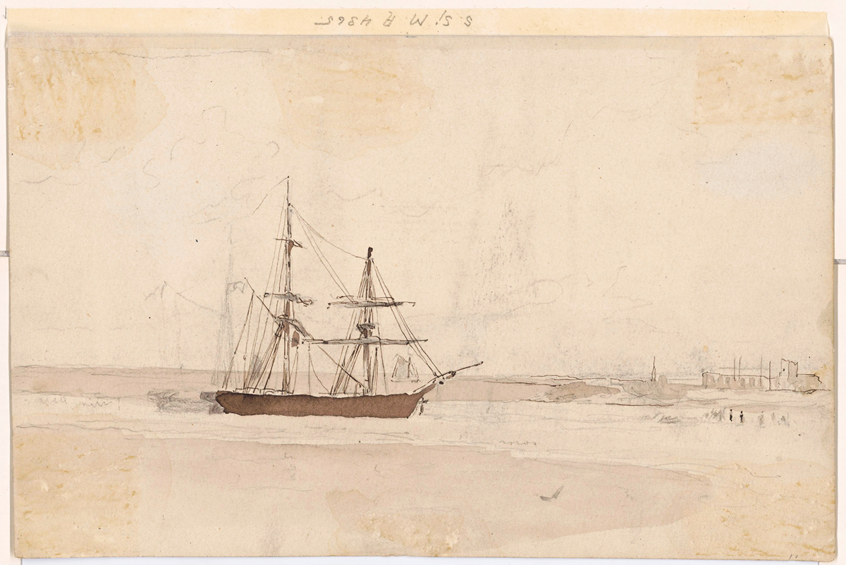 Framsida: Hamnbild, i förgrunden th en kaj, med korsvis sammansatt kajklädning. På kajen magasinshus, vid kajhörnet går en bassäng in, i denna ett skepp med nedriggade rår. Skeppet ses snett akterifrån, rösten och jungfrur med taljerep angivna i röd färg, i bakgrunden en kyrka med en kampanil. 

Frånsida; En brigg med nedtagen fockbramstång och beslagna segel liggande i en till synes kanal, visande st.b. sida.