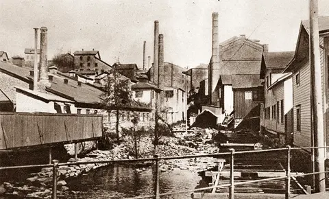 Vykort Mölndal Fabriksexteriör. Götaforsen från forsebron