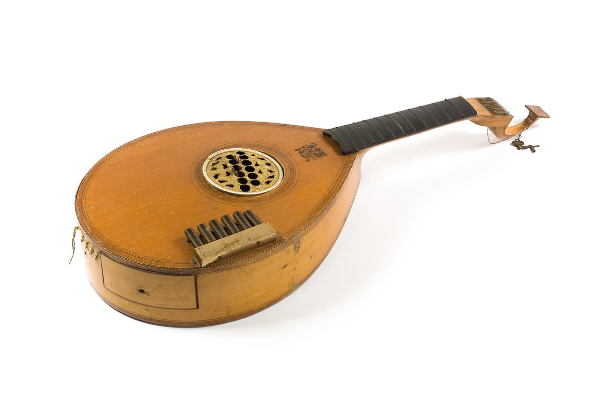 Cister av engelsk modell (English guitar) med tangentfunktion. Oval korpus med en lucka i sargen för att nå tangentmekaniken. 6 tangenter på locket. Resonanshål med rosett av mässing. På locket nedanför greppbrädan en stämpel med tillverkarens namn. Stämmekanik av Prestonmodell som stäms med urmakarnyckel. 