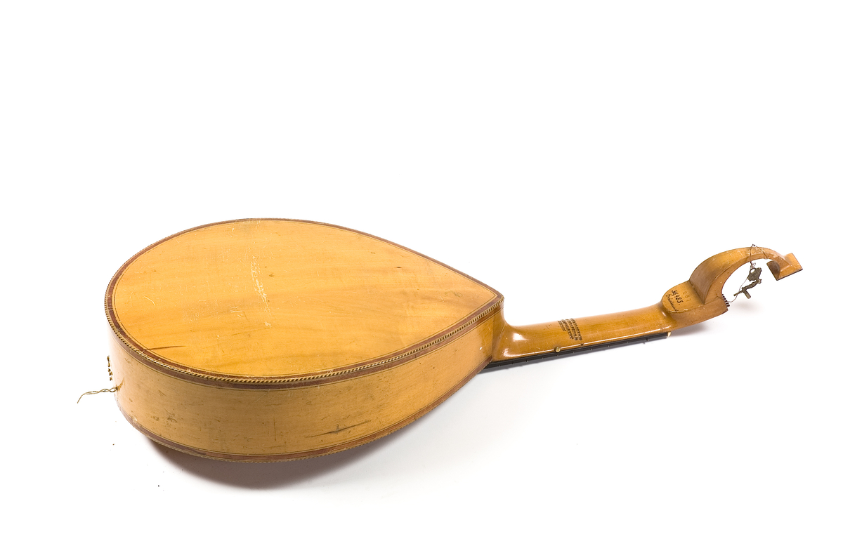 Cister av engelsk modell (English guitar) med tangentfunktion. Oval korpus med en lucka i sargen för att nå tangentmekaniken. 6 tangenter på locket. Resonanshål med rosett av mässing. På locket nedanför greppbrädan en stämpel med tillverkarens namn. Stämmekanik av Prestonmodell som stäms med urmakarnyckel. 