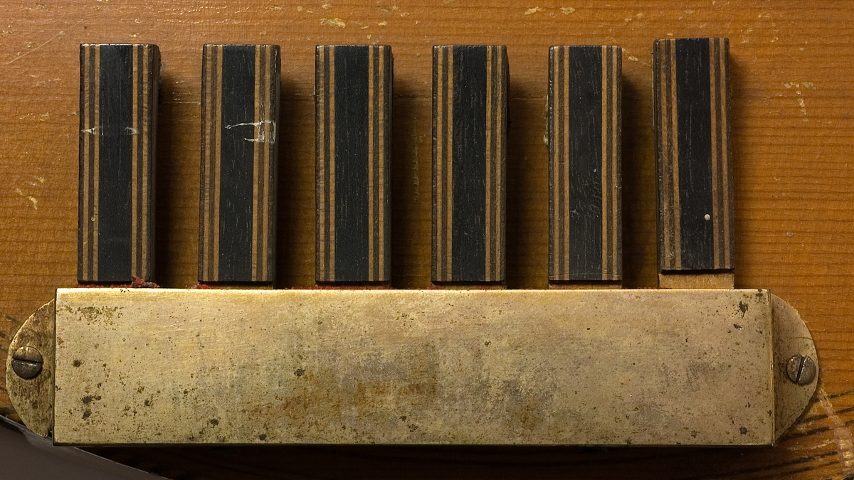 Cister av engelsk modell (English guitar) med tangentfunktion. Oval korpus med en lucka i sargen för att nå tangentmekaniken. 6 tangenter på locket. Resonanshål med rosett av mässing. På locket nedanför greppbrädan en stämpel med tillverkarens namn. Stämmekanik av Prestonmodell som stäms med urmakarnyckel. 