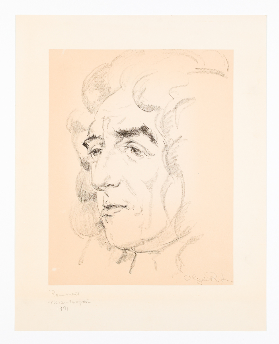 Ett manshuvud i rokoko-peruk vänt mot vänster.
