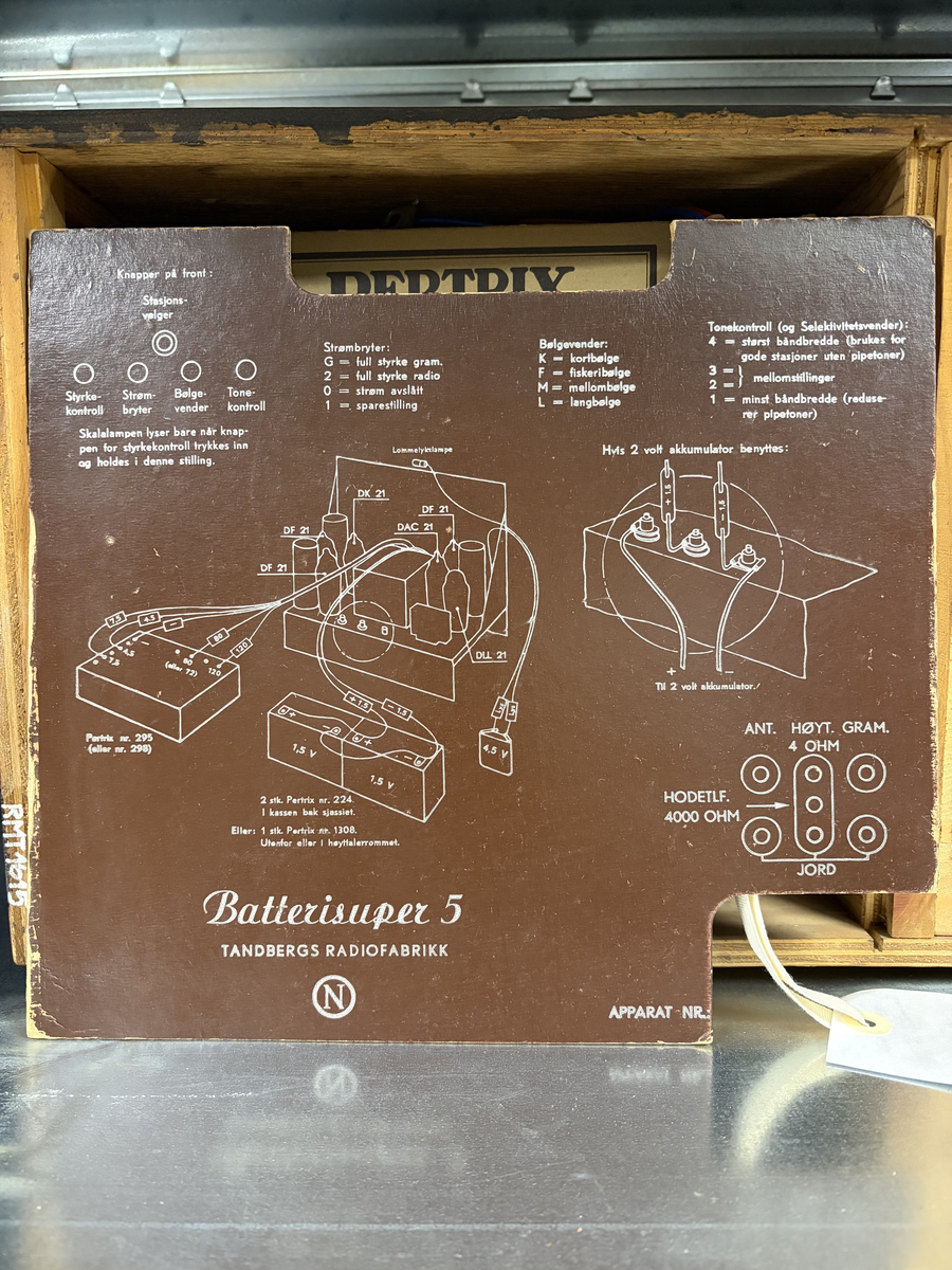 Rektangulær brun radio. Forside til høyre: skala med fem funksjons- og søkeknapper. Til venstre høyttaler med trekk av tekstil. Baksiden har forskjellige uttak.