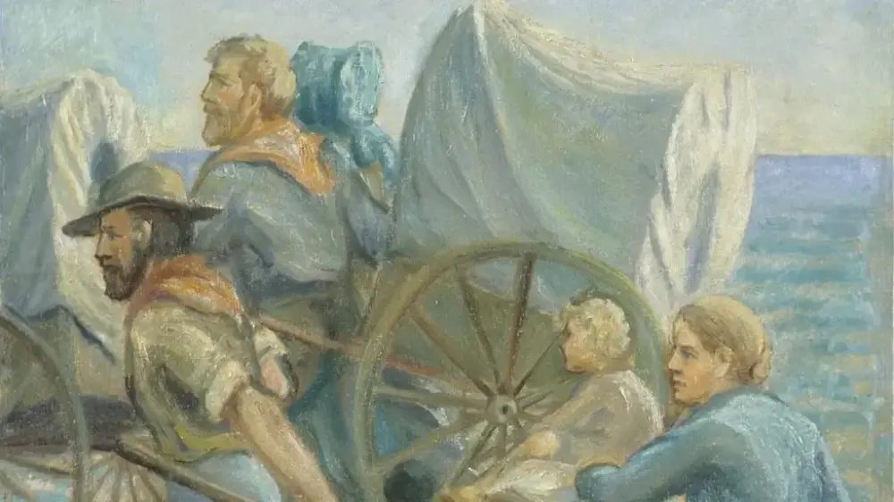Maleri av mormonske pionerer med håndkjerre. 