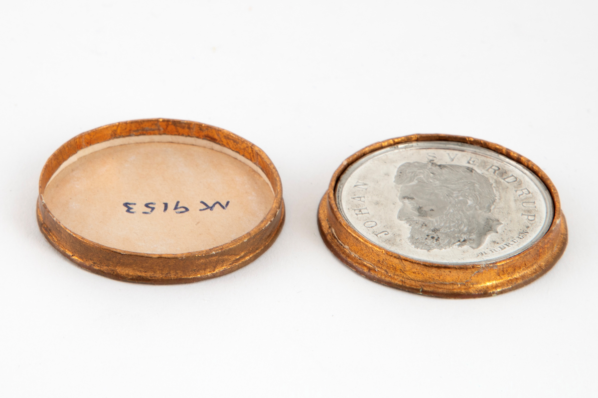 Rund medalje med mannsportett på avers side og laurbærgrener på revers side. Begge sider har omskrift.