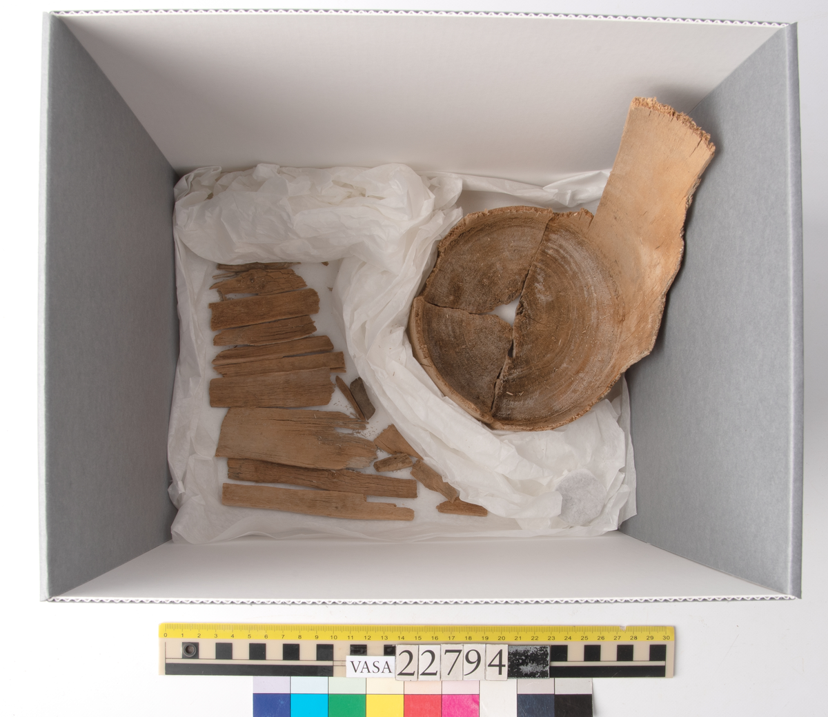 Skråkappa.

Tidigare text: Svarvad skråkappa, burk. Starkt fragmentariskt skick.

År 2026 finns fragment av sidodelar, bottendelar med bitar av sidan kvar samt bottenfragment kvar. Totalt 19 delar.