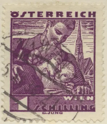 Frmiärke med motiv av kläder från Wien, familj framför St. Stephan's katedralen, från Österrike 1934.
