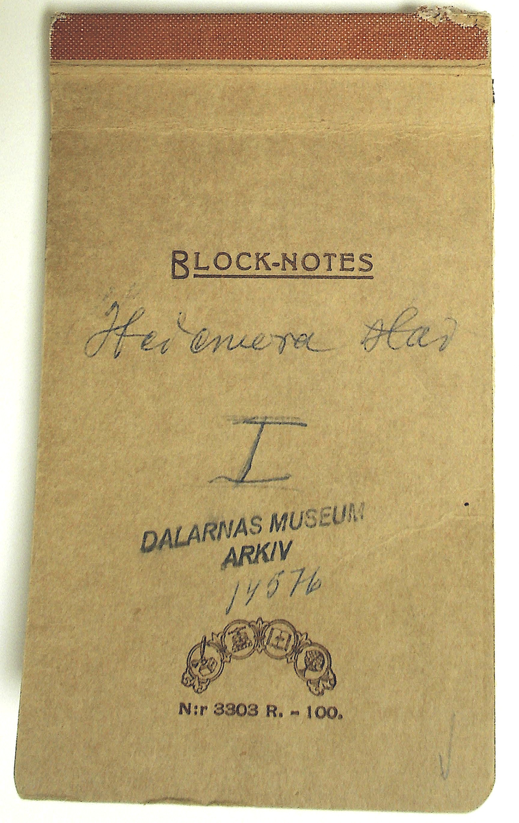 Karl-Erik Forsslund anteckningar år 1927-1929 om Hedemora stad, notisblock I. 

Opublicerat material till bokverket 'Med Dalälven från källorna till havet.'