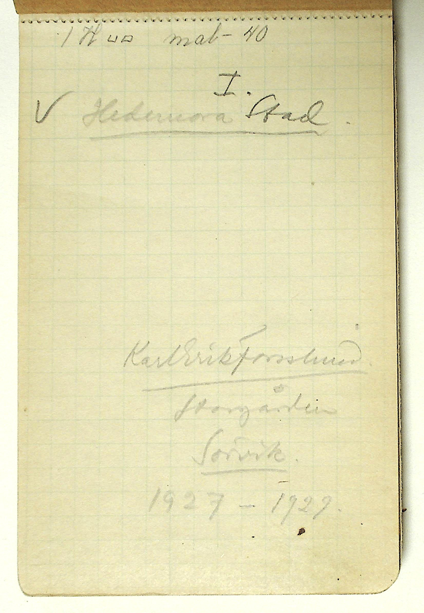 Karl-Erik Forsslund anteckningar år 1927-1929 om Hedemora stad, notisblock I. 

Opublicerat material till bokverket 'Med Dalälven från källorna till havet.'