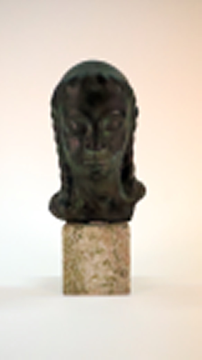Kat. kort: Skulptur, brons, "Madonna" /ansiktsmask/ av Gösta Almgren, (f. 1888 d. 1954).
