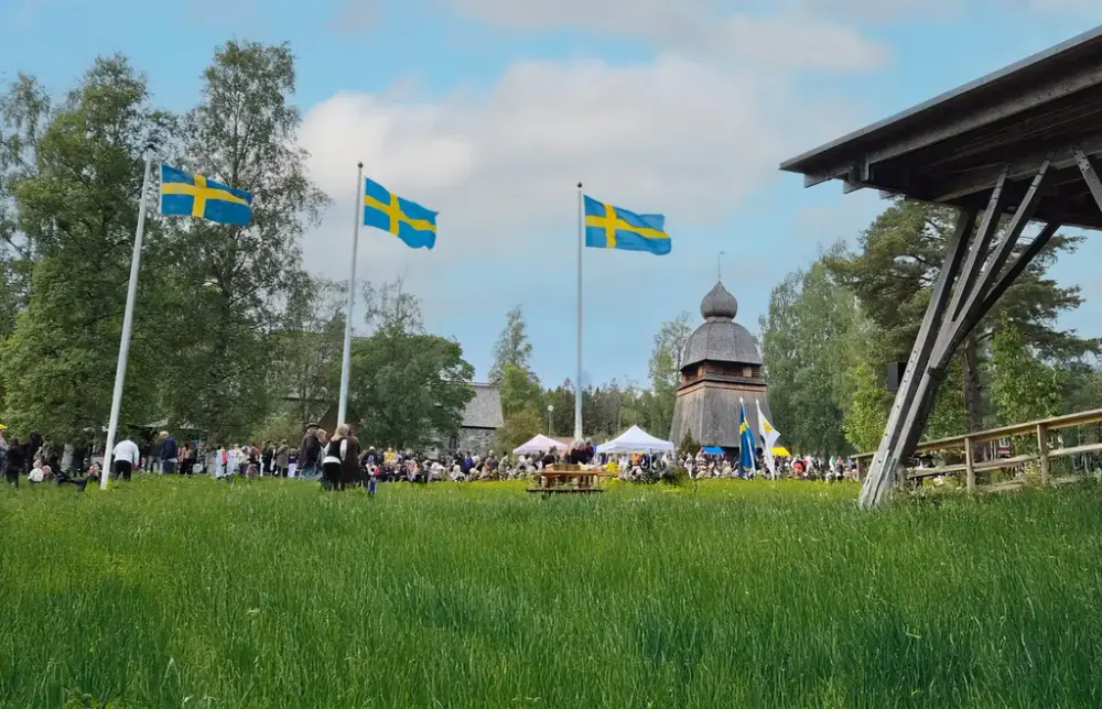 Gräs, flaggstänger med svenska flaggan hissad, byggnader, träd och folksamling.