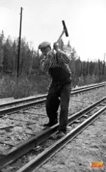 Bilden visar underhåll av järnväg. Mannen svingande en slägg