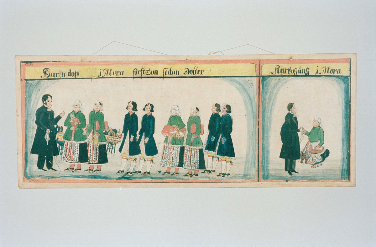 Huvudliggaren:
"Dalmålning fr. Mora sn. 'Barndop i Mora först Son sedan Dotter. Kyrkogång i Mora.' Målad af Stikå Eriks Hansson i Risa på dr. A. Hazelii beställning gm. Bud Erik Olsson i Vinäs. Hitkom 13/3 1874."

Utdrag ur katalogkort:
"Dalmålning, papper, uppkl. på papp, vernissad, målad 1874". Av katalogkorttexten framgår att målningen suttit i Östnorstugan, Moragården, Skansen.

Avlång akvarell; 2 sektioner med dop i den större och kyrkogång i den mindre, text enligt ovan överst i bilden.