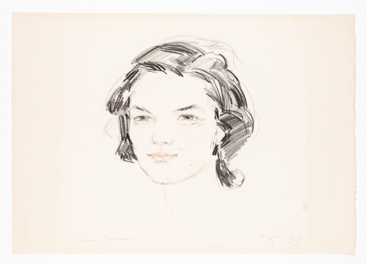 Ett kvinnohuvud i halvprofil till vänster. Hon har mörkt hår i en kort frisyr samlad i nacken.
På baksidan ett manshuvud i halvprofil till vänster.