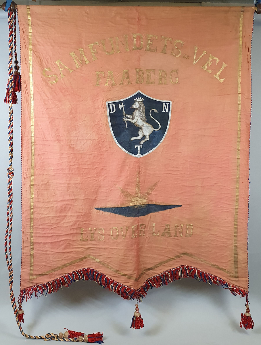 Rød fane i bomull, som er sterkt falmet. Påmalte bokstaver i gull, og et skjoldformet merke med riksløve på svart bakgrunn. Frynser, snor og dusker i rødt, hvitt og blått.