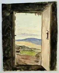 Utsyn gjennom dør [Akvarell]