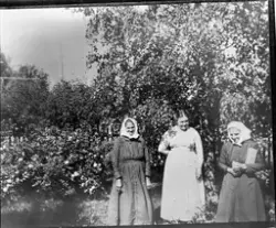 Olea Seierstad, f. 1873, i hvit kjole står i sin hage mellom