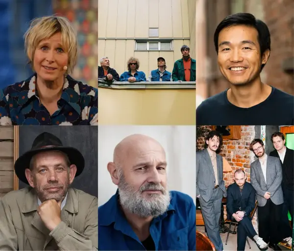 Samling bilete av Linda Eide, Valkyrien Allstars, Brynjulf Jung Tjønn, Leif Einar «Lothepus» Lothe, Erlend Loe og Oddny som alle er utøvarar under Festspela 2026.