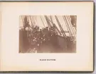 Gruppbild på besättningen ombord briggen GLADAN. En skeppshund syns också i bild. GLADAN användes som eskort- och transportfartyg för material och förnödenheter under Spetsbergsexpeditionen 18721873, ledd av Adolf Erik Nordenskiöld.