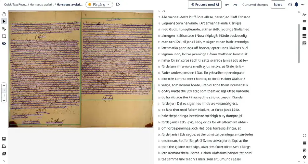 Digital avskrift på höger sida från en bok med gammal handskrift på vänster sida.