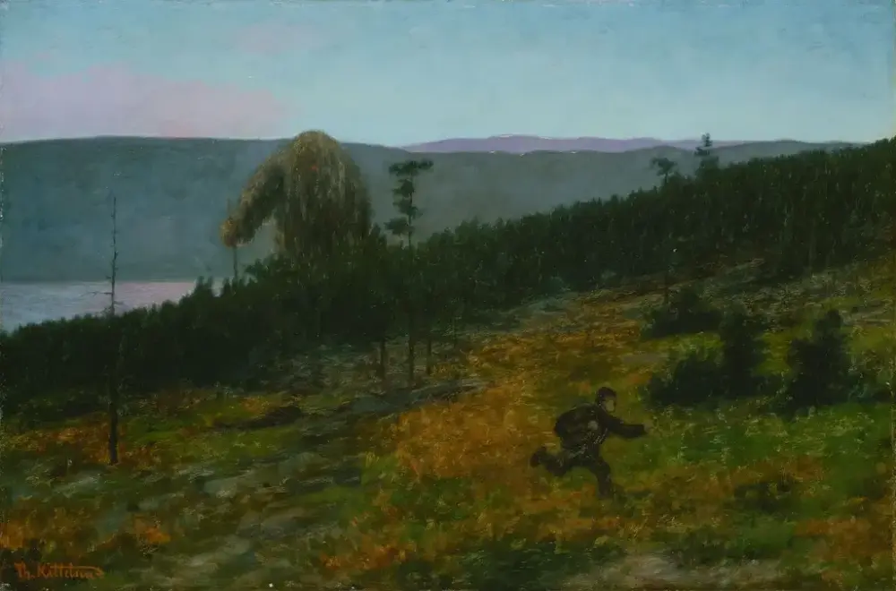 Maleri (Theodor Kittelsen) av et skoglandskap i dempet kveldslignende lys. I forgrunnen løper en liten gutt over en åpen slette, mens et stort, utydelig troll ruver i bakgrunnen nær skogkanten. Trollfiguren glir delvis inn i naturen og virker nesten som en del av landskapet, med innsjø og åser i det fjerne.