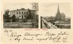 Brevkort från tidigt 1900-tal adresserat till Ellen Sundberg på Norra Köpmangatan 8, Gävle. På baksidan daterat 21/9 1902. Bilder från Umeå, seminariet och kyrkan.