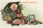 Gratulationskort i färg med blommotiv och tryckt text 
