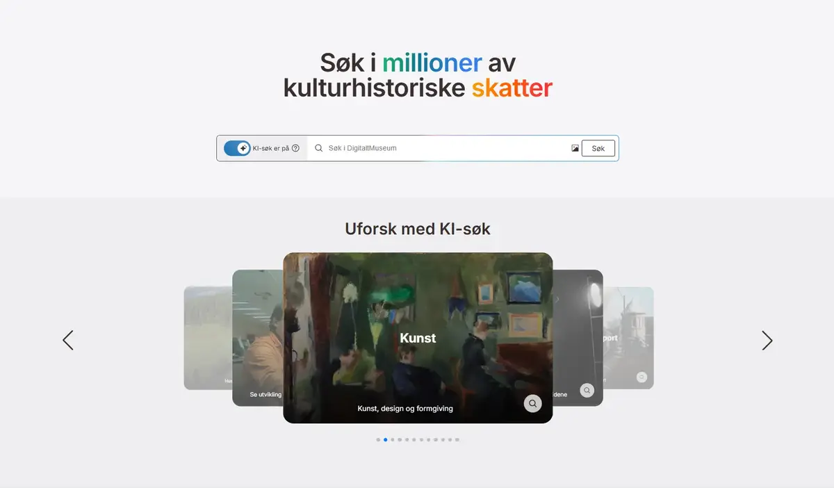 Skjermbilde av forsiden på DigitaltMuseum, som viser nettstedets nye KI-søk