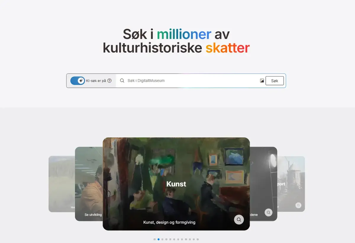 forsiden på digitalt museum, med et søkefelt der man kan skru på ki-søk