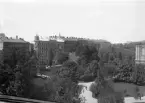 Vy över Humlegården i Stockholm omkring 1910, där blicken möter husrad utmed Engelbrektsgatan. I bildens högra sida en skymt av Kungliga biblioteket.