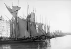 Sjöfartens segelskutor präglade på sin tid miljön i Nybroviken utmed Strandvägen i Stockholm. Foto omkring år 1900.