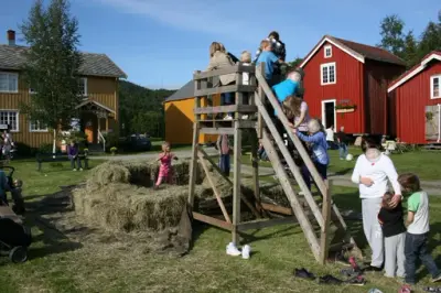 Barn som står i et stativ med trapp. De venter på tur for å kunne hoppe i høyet. Et par hvite sko står nede på bakken. 