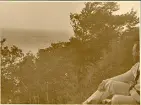 Tandläkare Gunnar Högberg beundrar utsikten vid utsiktsplats Kieköwer på ön Rügen, sommaren 1930 (enligt text i album).