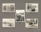 Sida ur fotoalbum från resan med WIKING X runt den skandinaviska halvön år 1925. Vyer från Halmstad, Ragnar Holmström, INDEPENDANCE III Halmstad och apan Jocke som rider på en ko i Tylön.