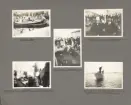 Sida ur fotoalbum från resan med WIKING X runt den skandinaviska halvön år 1925. Vyer från Strömstad, Carl Barcklind, Carl Halling och C.G. Pettersson, spritskutan KARMA och grisbådarne och tullbåt vid Tjurholmen (säcken i bakgrunden).