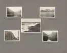 Sida ur fotoalbum från resan med WIKING X runt den skandinaviska halvön år 1925. Vyer från Nordangfjorden, Vestfjorden, Jeaderen, Corneten och Öie.
