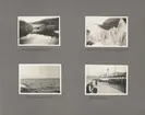 Sida ur fotoalbum från resan med WIKING X runt den skandinaviska halvön år 1925. Vyer från Selbjornsfjord, Sognefjordens botten, Sogns mynning och Aalesund (Ålesund).