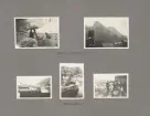 Sida ur fotoalbum från resan med WIKING X runt den skandinaviska halvön år 1925. Vyer av fotografering vid Sogns botten och hamnen i Bergen.