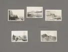 Sida ur fotoalbum från resan med WIKING X runt den skandinaviska halvön år 1925. Vyer från Vilnaesfjorden, Granseund och troligt arbete med fiske på Ringholmen.