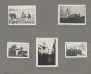 Sida ur fotoalbum från resan med WIKING X runt den skandinaviska halvön år 1925. Vyer från Karlskrona motorklubb som anländer, Carl Barcklind som filmar, besök av norrmän ombord bland andra doktorinnan Assarsson.