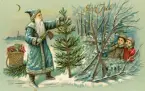 Julkort med motiv tomte som hugger gran framför några kikande barn. Tom baksida.